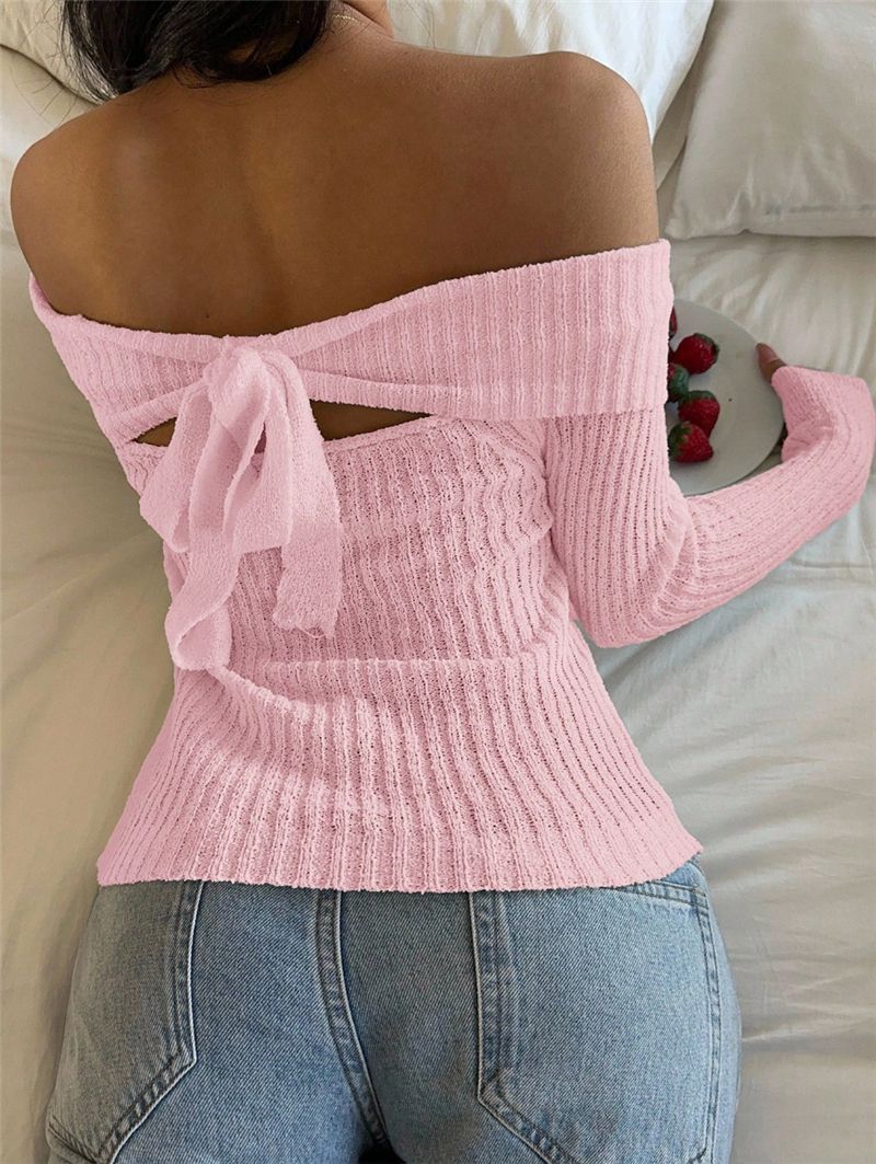 Off Shoulder Bow Back Ribbed Knit Sweater - Pink - 1