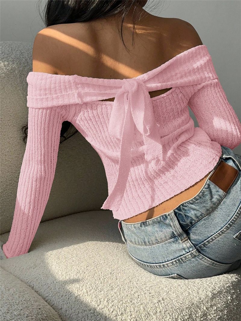 Off Shoulder Bow Back Ribbed Knit Sweater - Pink - 2