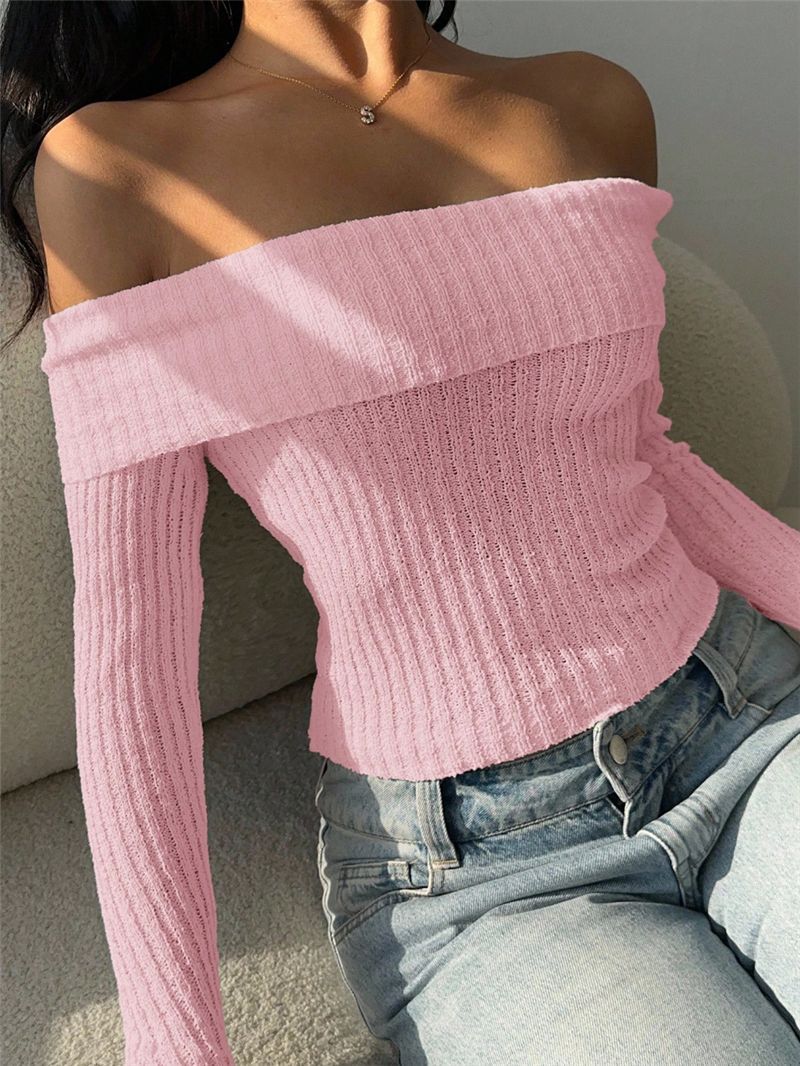 Off Shoulder Bow Back Ribbed Knit Sweater - Pink - 3