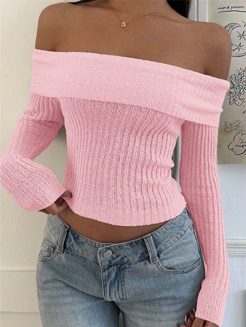 Off Shoulder Bow Back Ribbed Knit Sweater - Pink - 4
