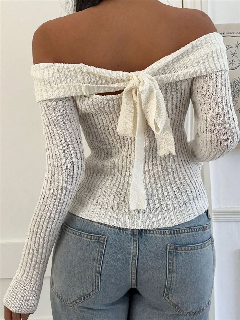 Off Shoulder Bow Back Ribbed Knit Sweater - White - 1