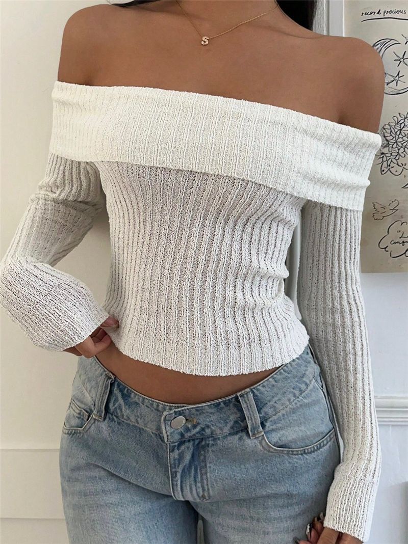 Off Shoulder Bow Back Ribbed Knit Sweater - White - 2