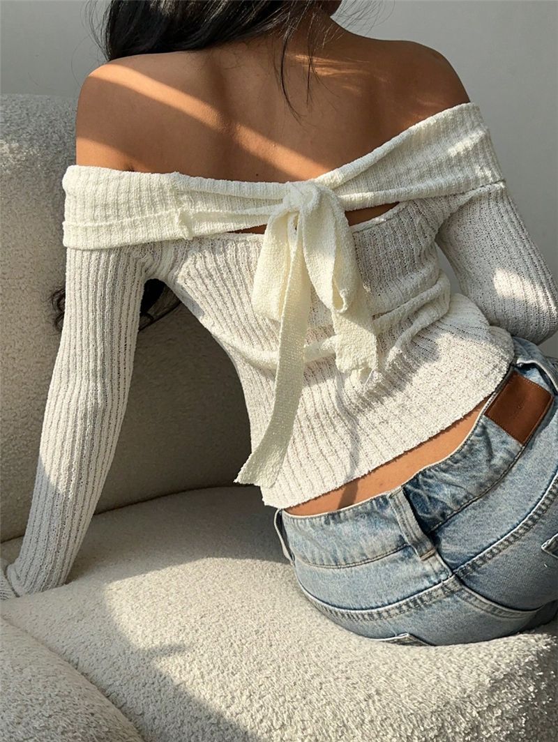 Off Shoulder Bow Back Ribbed Knit Sweater - White - 3