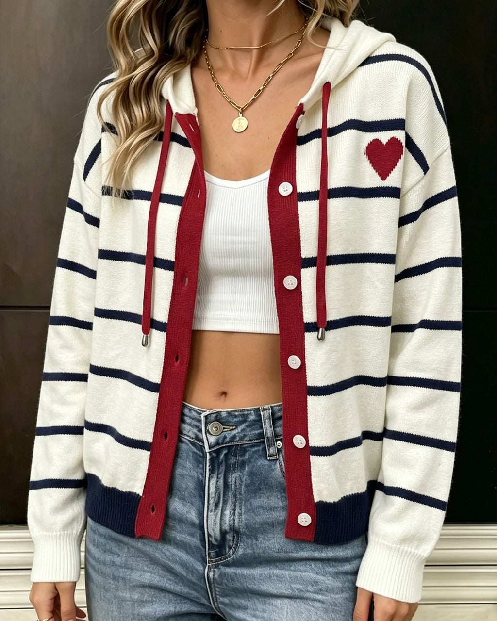 Nautical Stripe Hooded Cardigan With Heart Motif - White