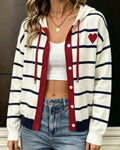 Nautical Stripe Hooded Cardigan With Heart Motif - White