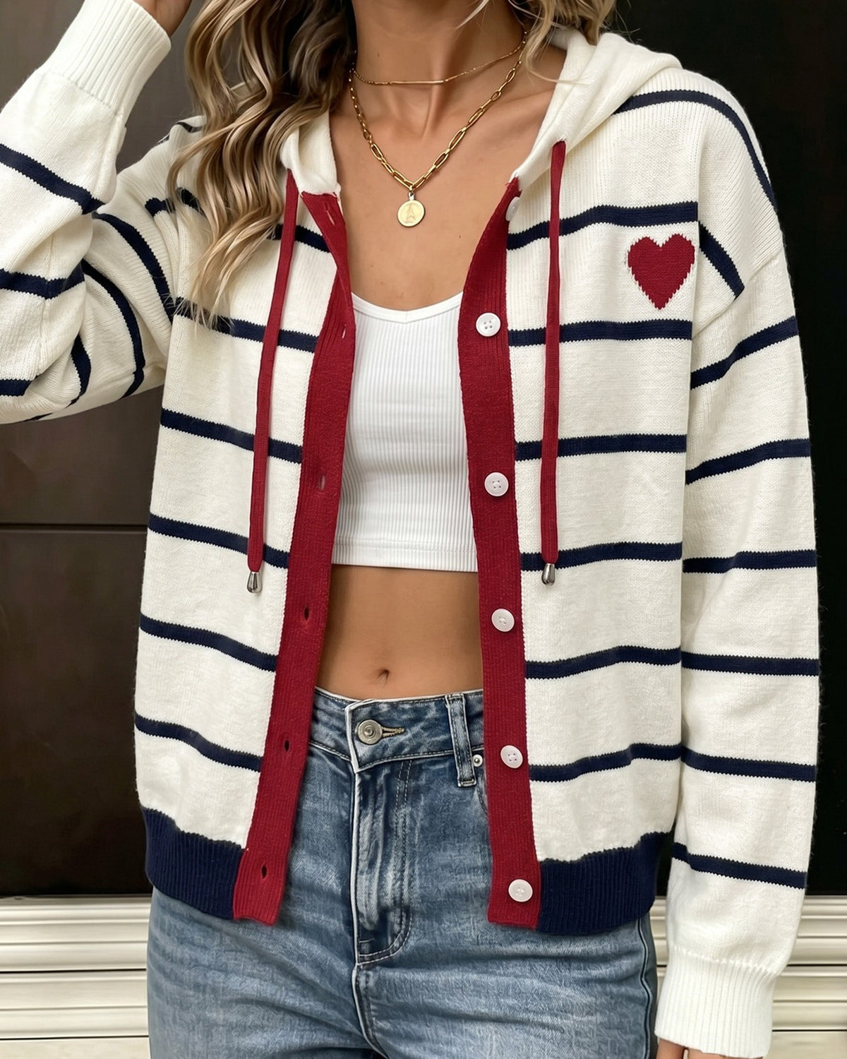 Nautical Stripe Hooded Cardigan With Heart Motif - White - 1