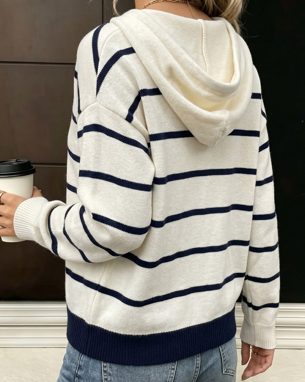 Nautical Stripe Hooded Cardigan With Heart Motif - White - 2