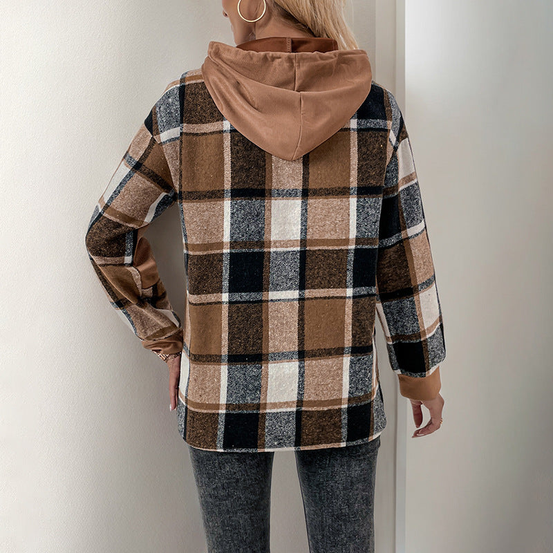 Plaid Patchwork Hem Hoodie Sweatshirt - Brown - 2