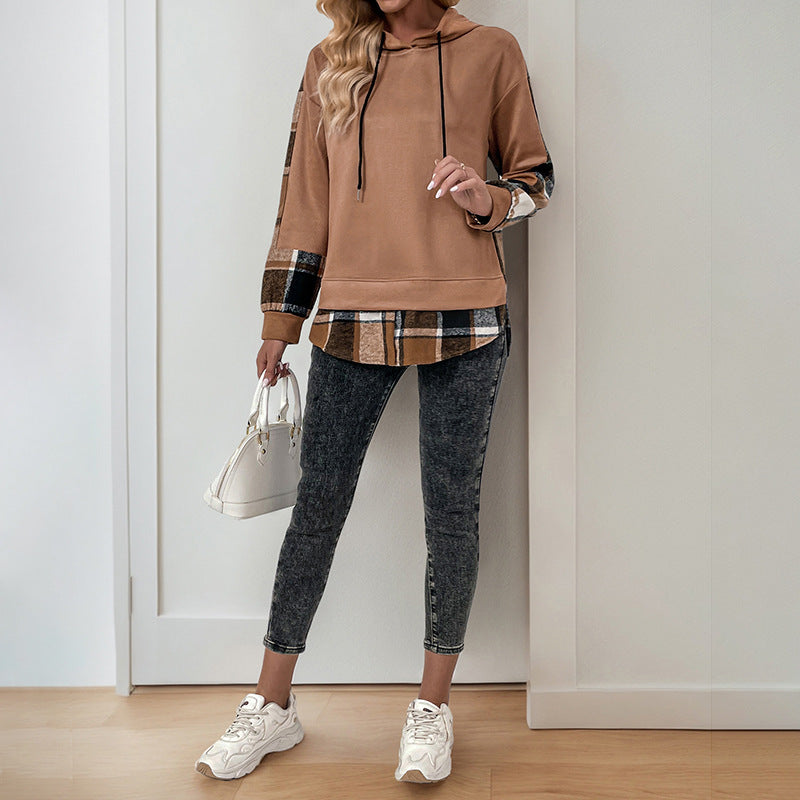 Plaid Patchwork Hem Hoodie Sweatshirt - Brown - 3