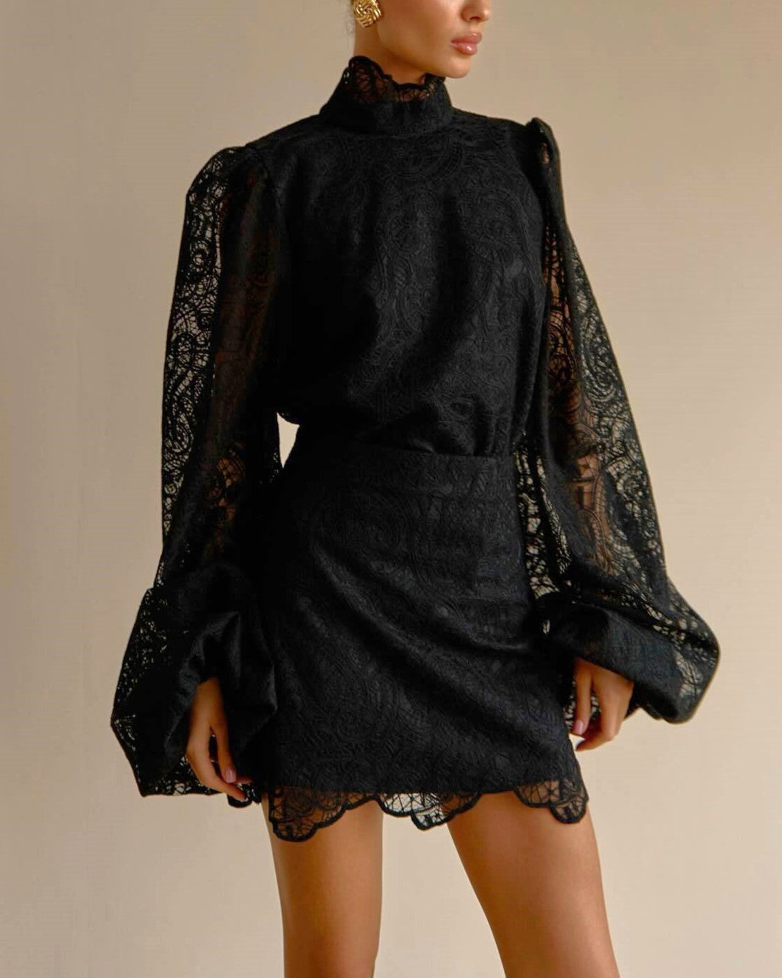 High Neck Lace Top And Mini Skirt Set - Black
