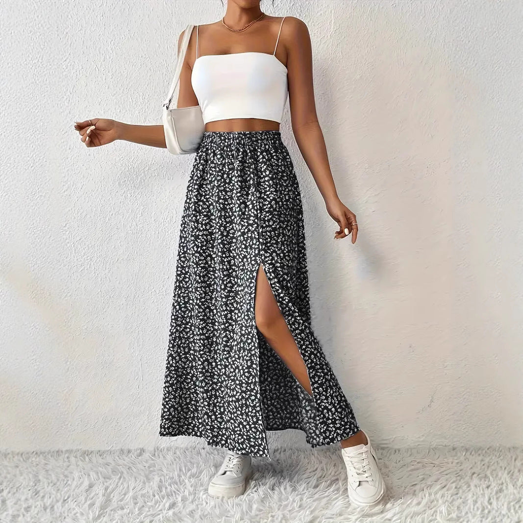 Ditsy Floral Side Slit Maxi Skirt - Black