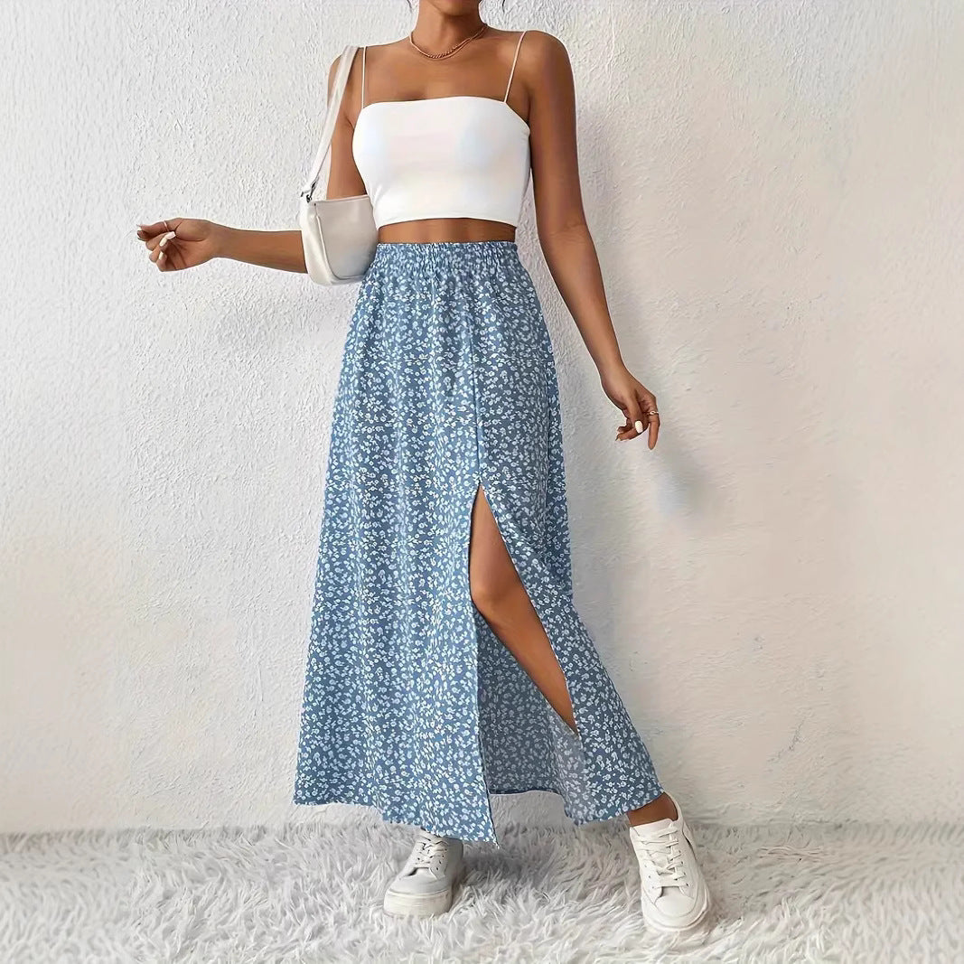 Ditsy Floral Side Slit Maxi Skirt - Blue
