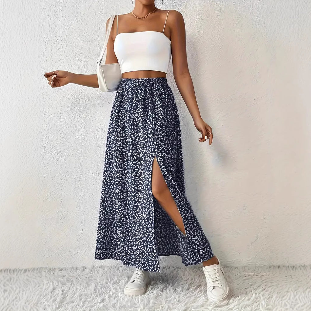 Ditsy Floral Side Slit Maxi Skirt - Navy