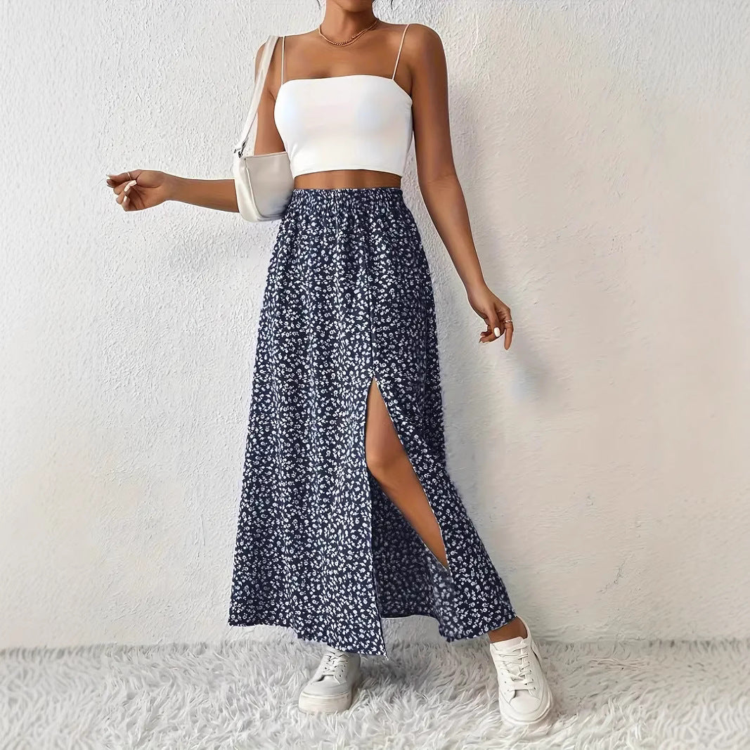 Ditsy Floral Side Slit Maxi Skirt - Navy