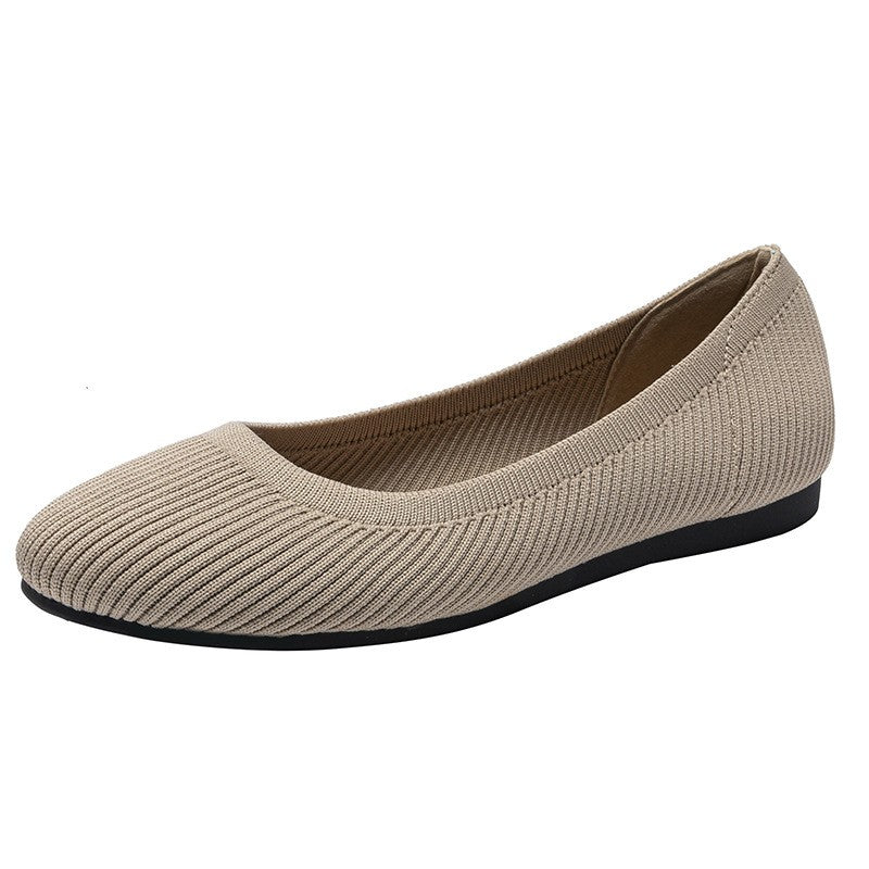 Ribbed Knit Round Toe Ballet Flats - Beige