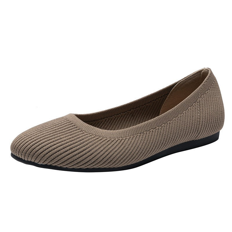 Ribbed Knit Round Toe Ballet Flats - Taupe