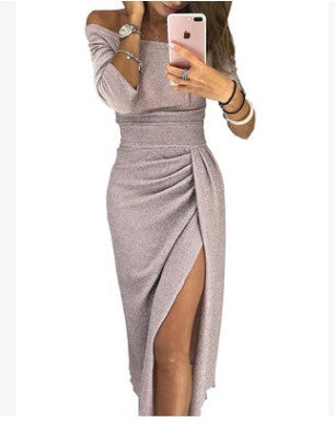 Ruched Off Shoulder Midi Dress With Slit - LightPink