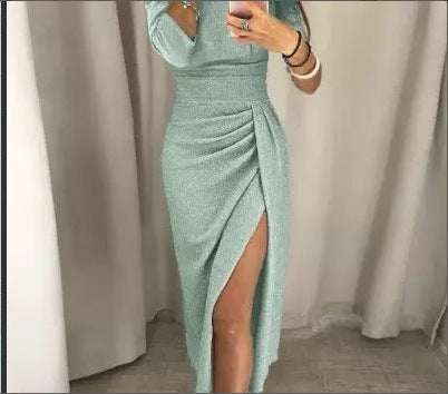 Ruched Off Shoulder Midi Dress With Slit - green