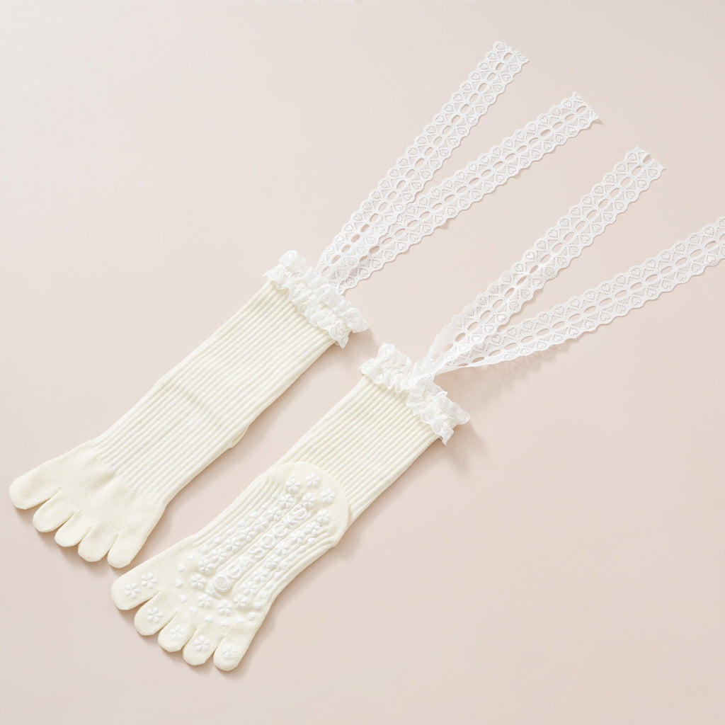 Lace Trim Five Toe Pilates Grip Socks - Beige