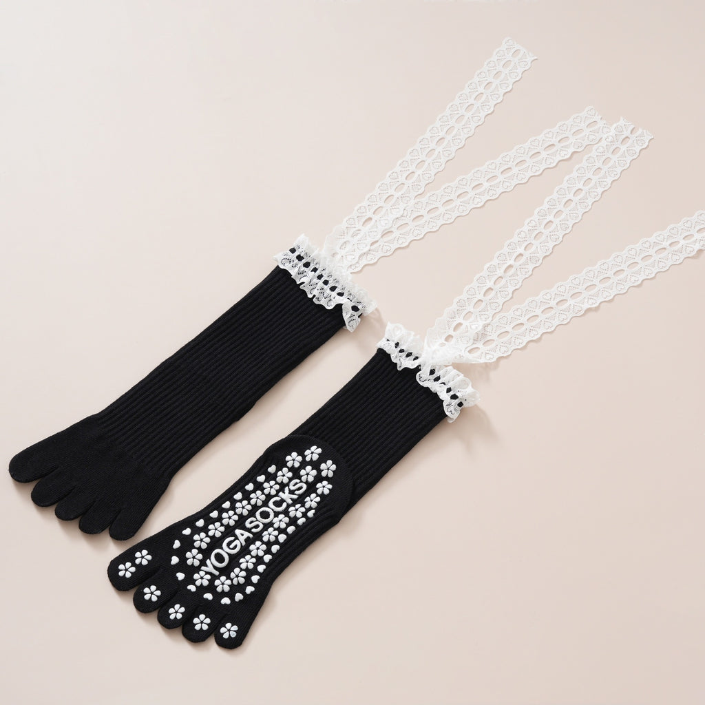 Lace Trim Five Toe Pilates Grip Socks - Black