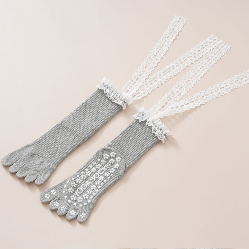 Lace Trim Five Toe Pilates Grip Socks - Gray - 1