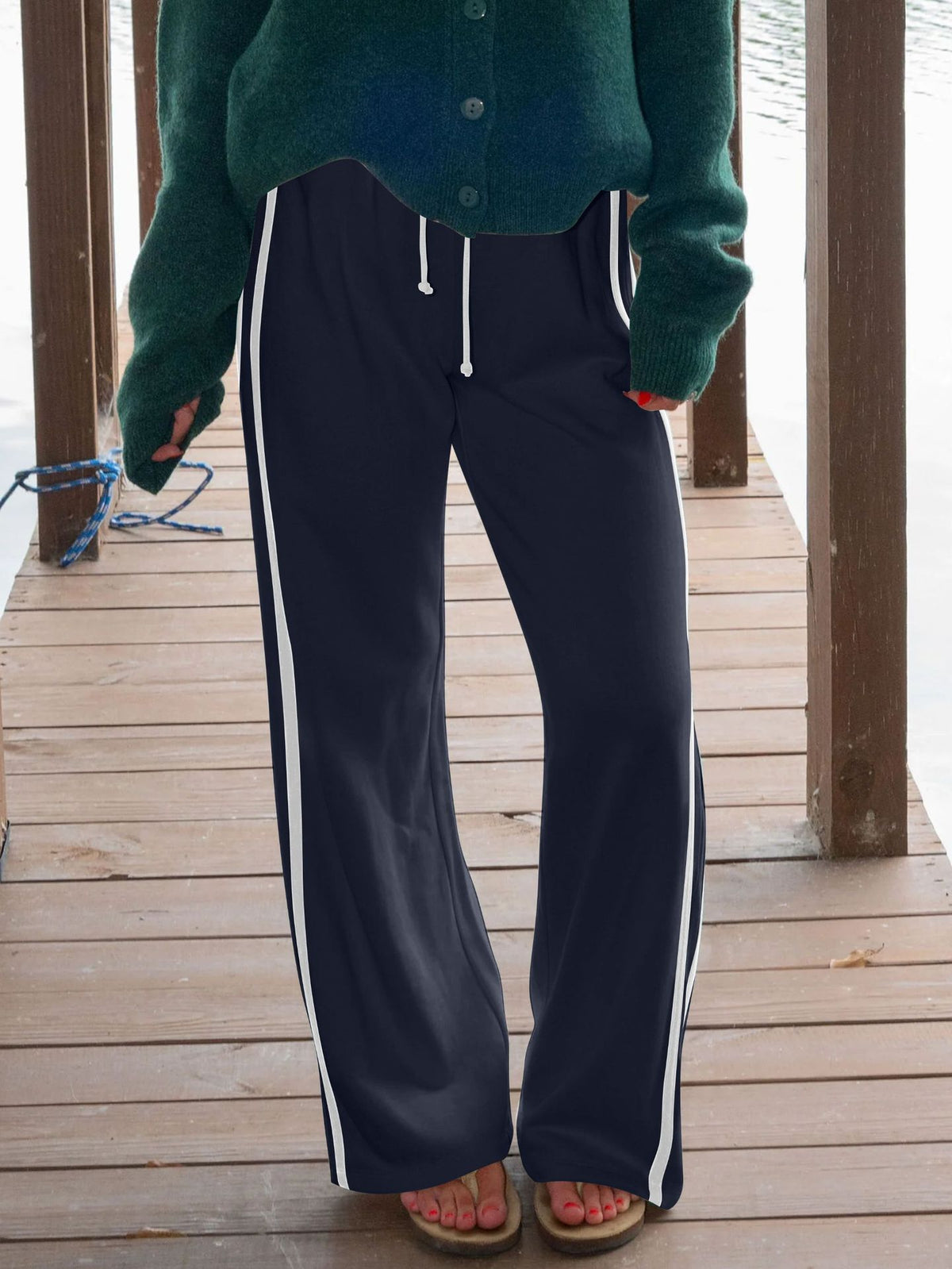 Contrast Side Stripe Wide Leg Joggers - DarkBlue