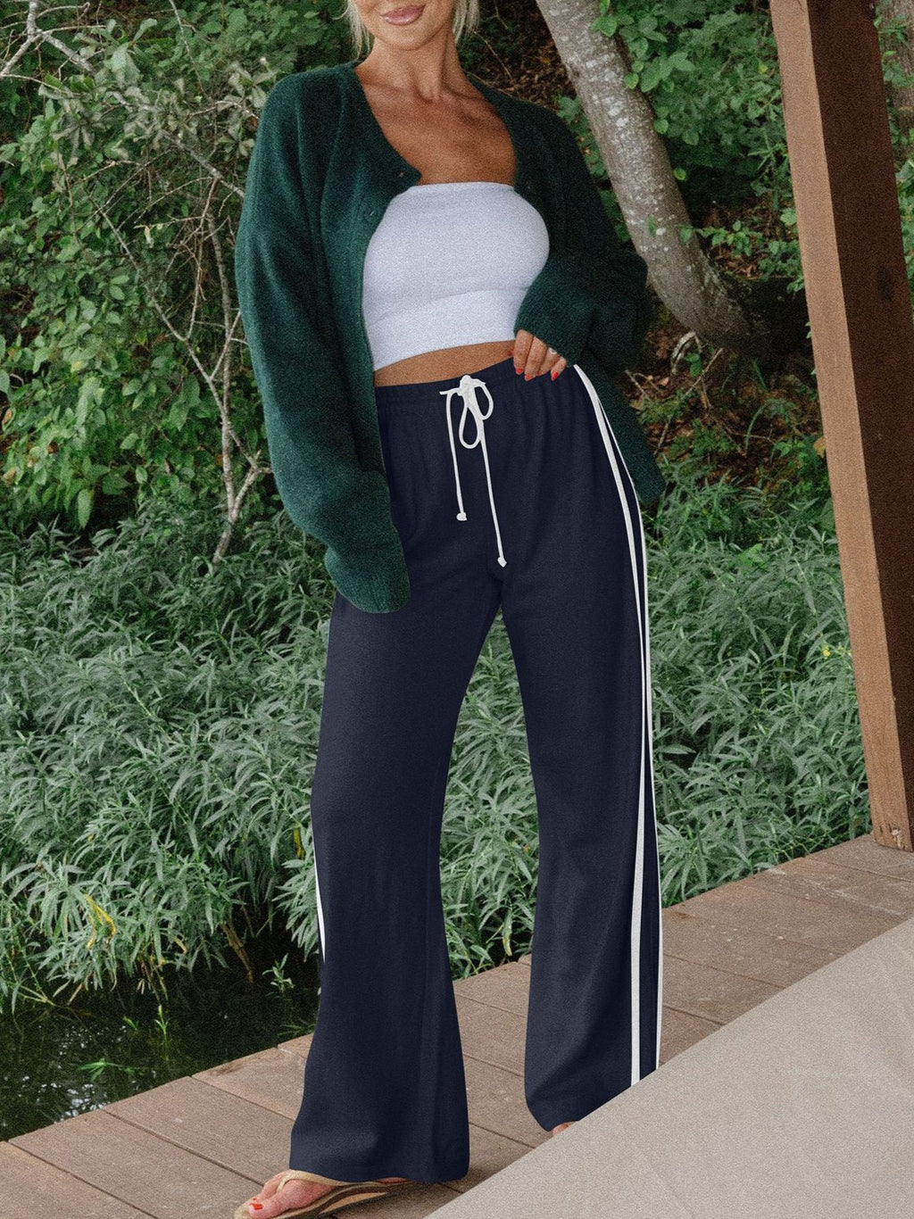 Contrast Side Stripe Wide Leg Joggers - DarkBlue - 1