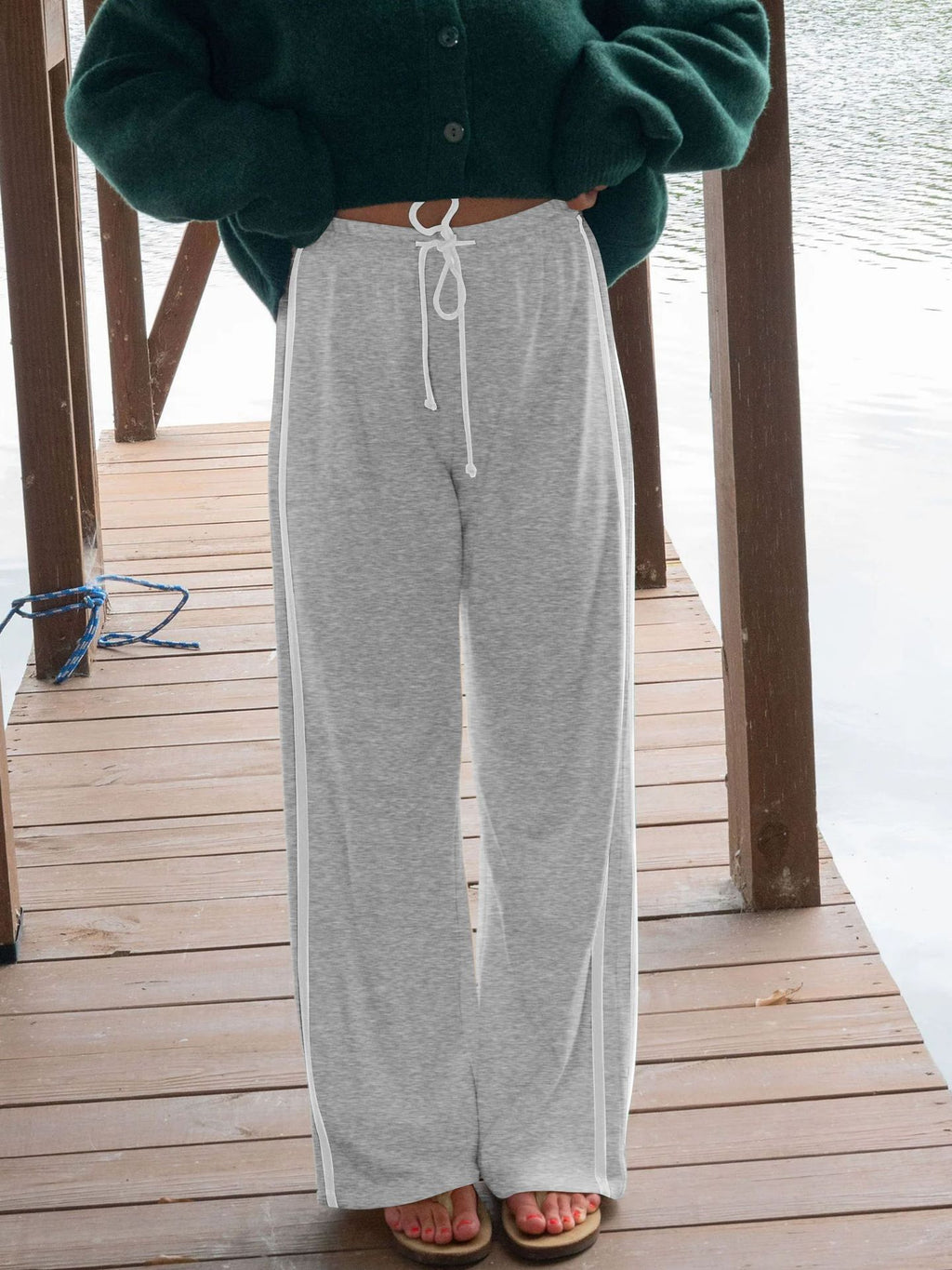 Contrast Side Stripe Wide Leg Joggers - Gray - 1