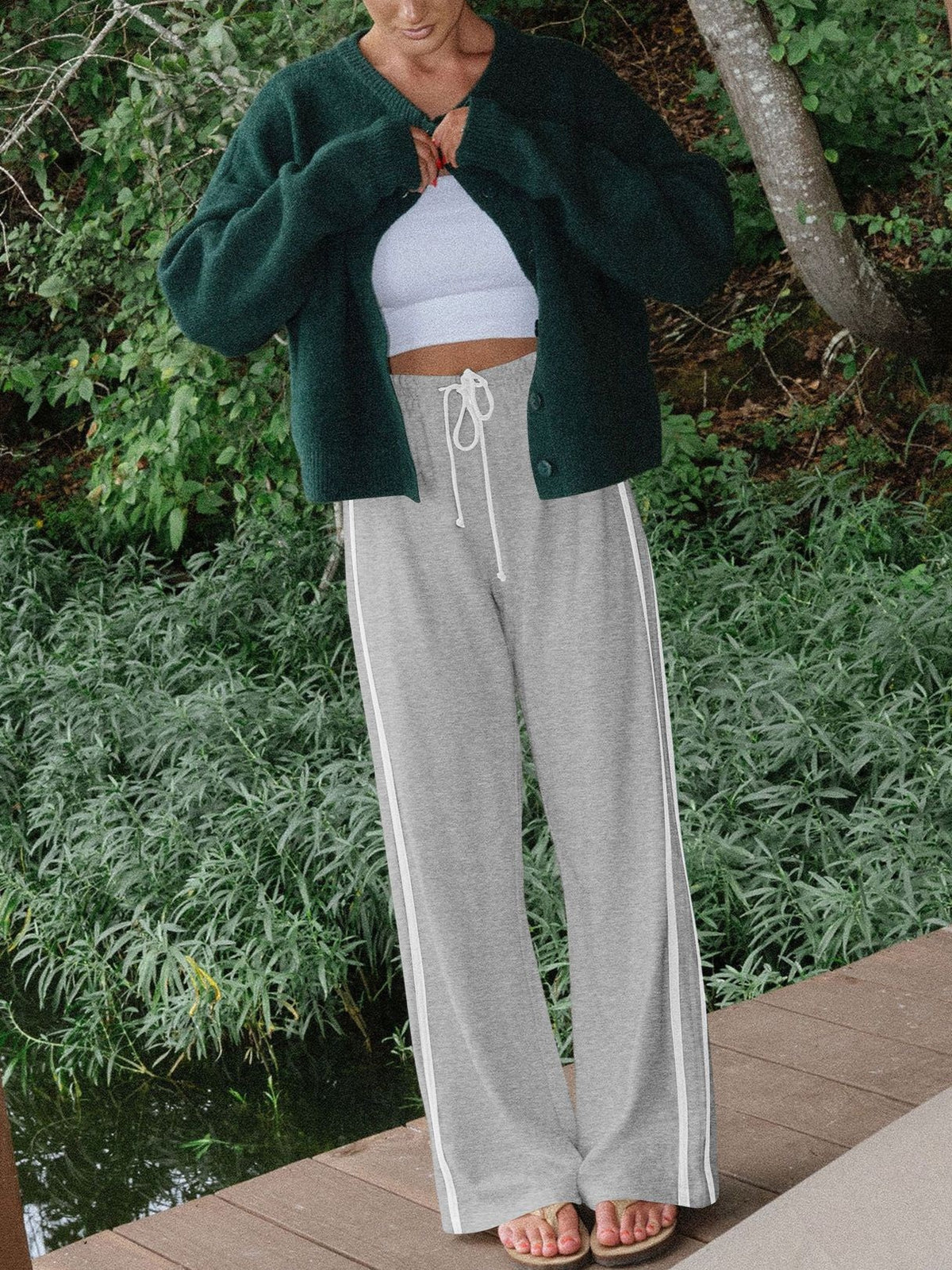 Contrast Side Stripe Wide Leg Joggers - Gray - 3