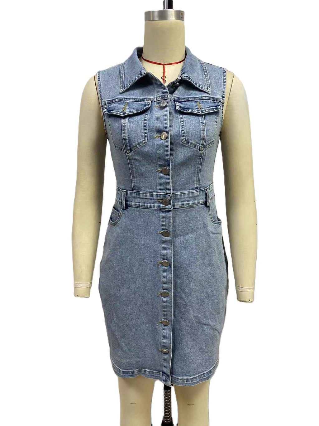 Fitted Denim Mini Dress With Chest Pockets - Blue
