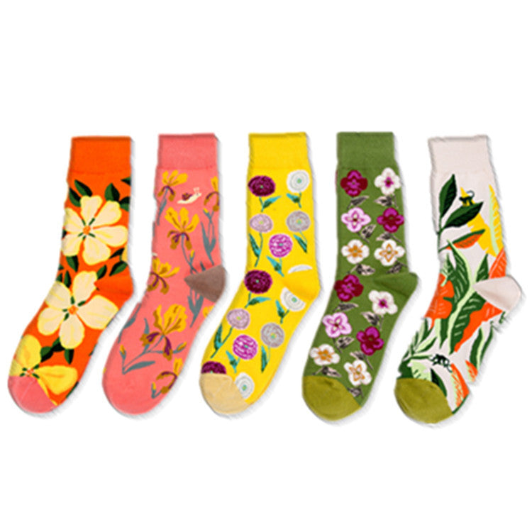 Bright Botanical Print Crew Socks - Color_A