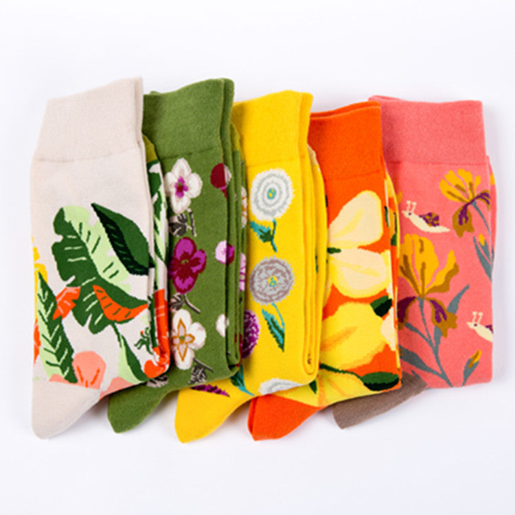 Bright Botanical Print Crew Socks - Color_A - 5
