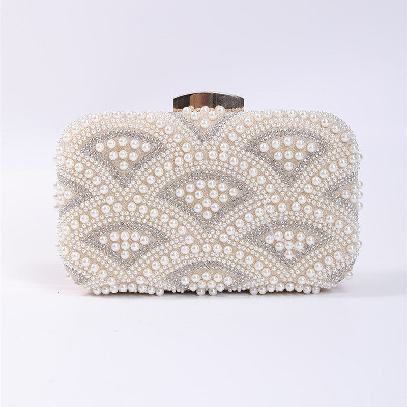 Pearl Beaded Fan Pattern Box Evening Clutch - Champagne Gold