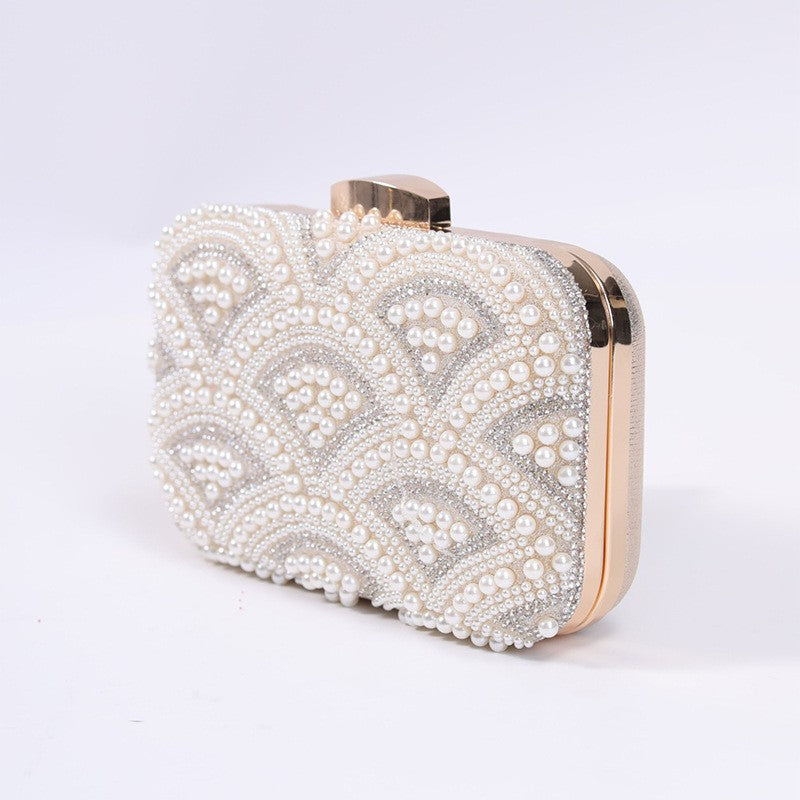 Pearl Beaded Fan Pattern Box Evening Clutch