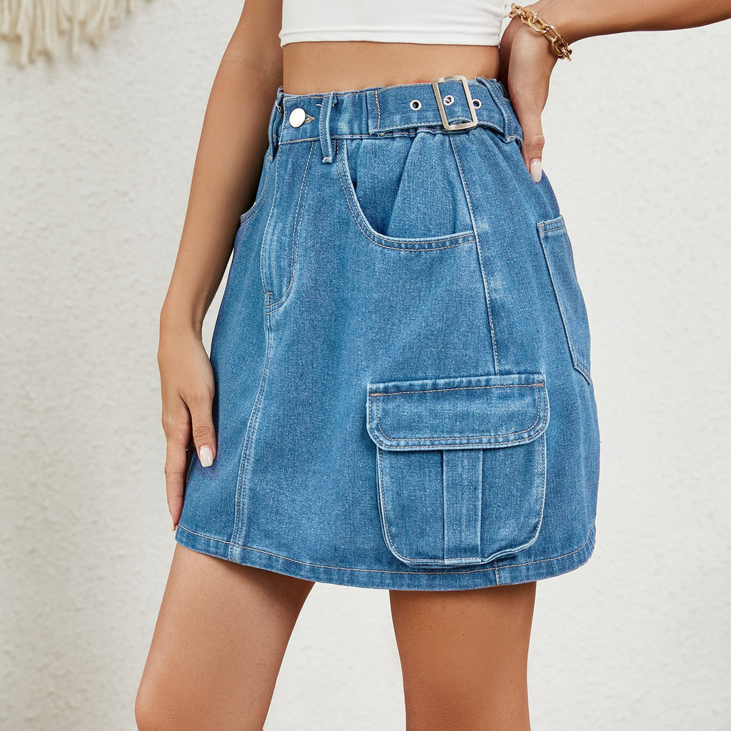 Belted Waist Cargo Denim Mini Skirt - Blue