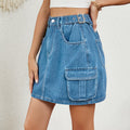 Belted Waist Cargo Denim Mini Skirt - Blue
