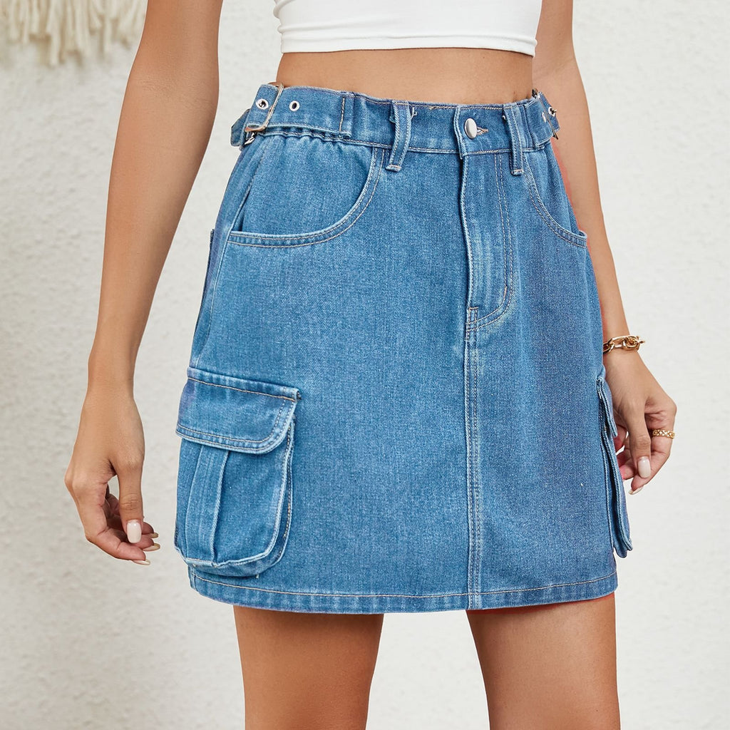 Belted Waist Cargo Denim Mini Skirt - Blue - 1