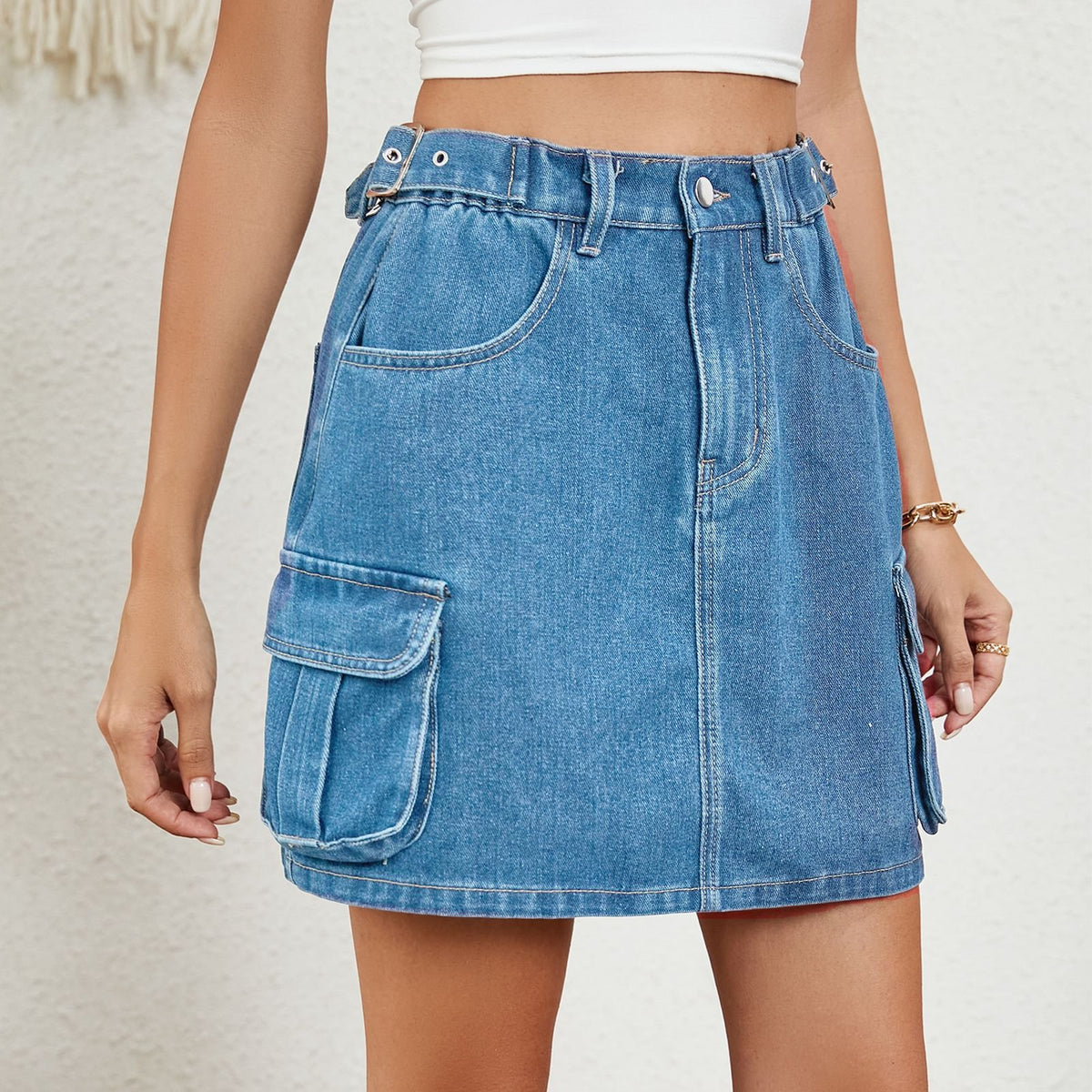 Belted Waist Cargo Denim Mini Skirt - Blue - 1