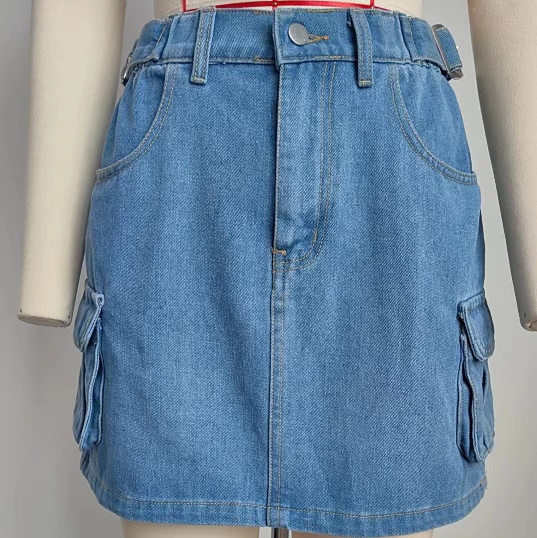 Belted Waist Cargo Denim Mini Skirt - Blue - 4