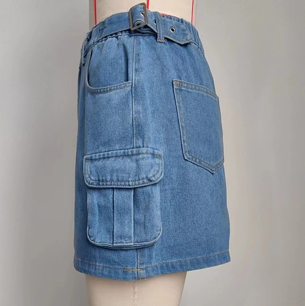 Belted Waist Cargo Denim Mini Skirt - Blue - 5