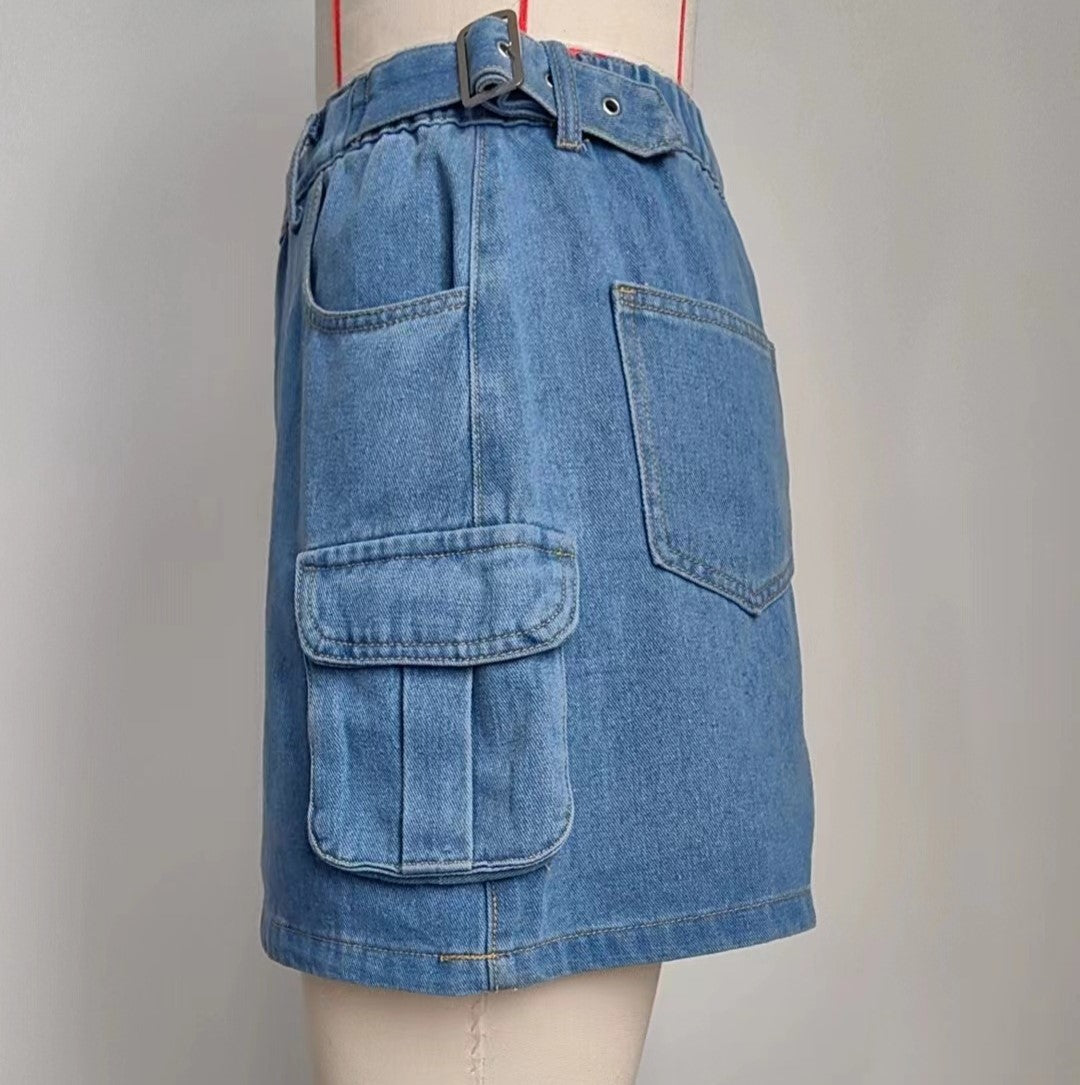 Belted Waist Cargo Denim Mini Skirt - Blue - 5