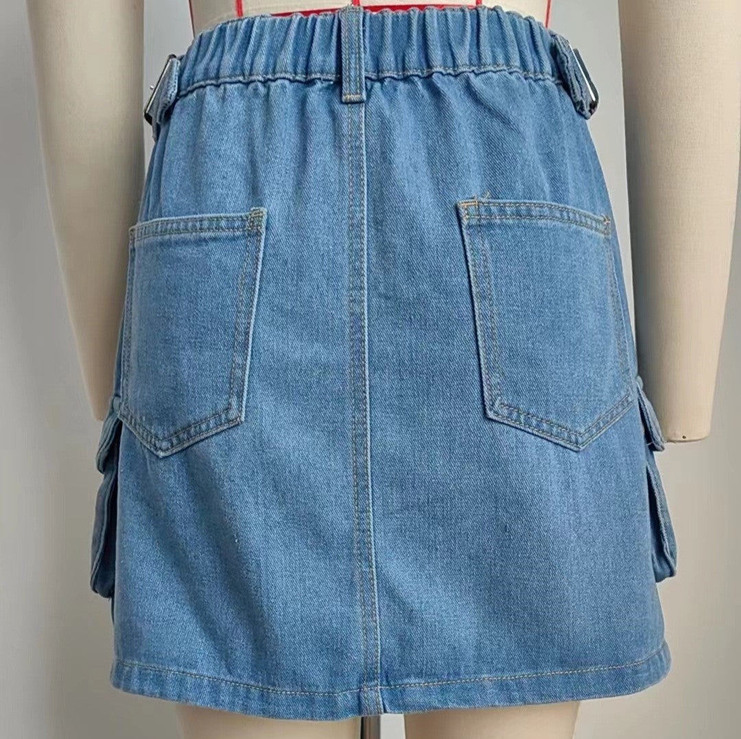 Belted Waist Cargo Denim Mini Skirt - Blue - 6