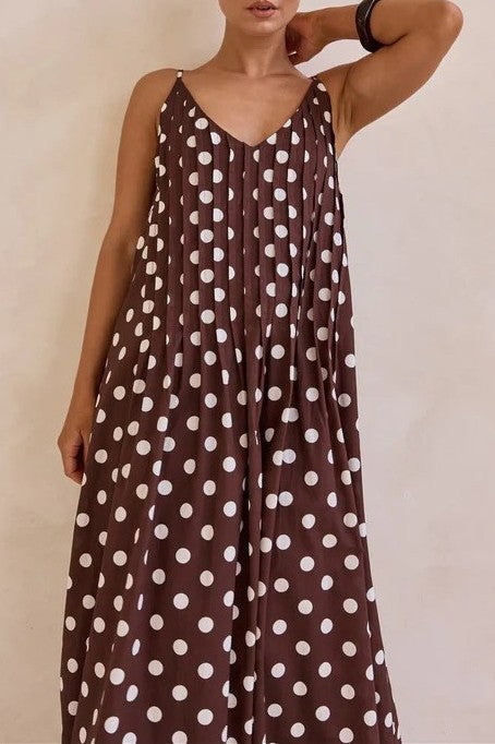 Relaxed Polka Dot V-Neck Cami Maxi Dress - Brown - 3