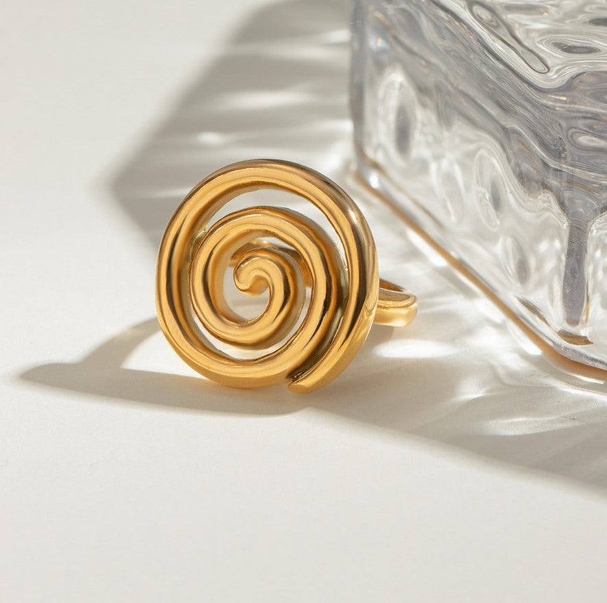 Gold Tone Spiral Swirl Statement Ring - Gold