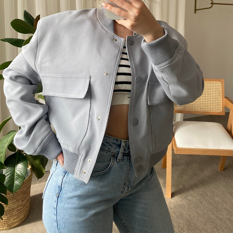 Boxy Cropped Bomber Jacket With Ribbed Trims - ash