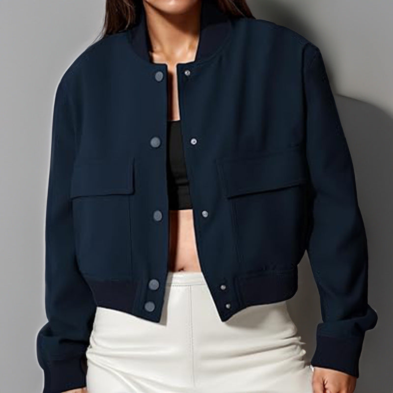 Boxy Cropped Bomber Jacket With Ribbed Trims - navy
