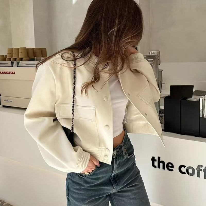 Boxy Cropped Bomber Jacket With Ribbed Trims - offwhite