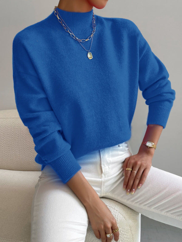 Mock Neck Ribbed Trim Pullover Sweater - Blue