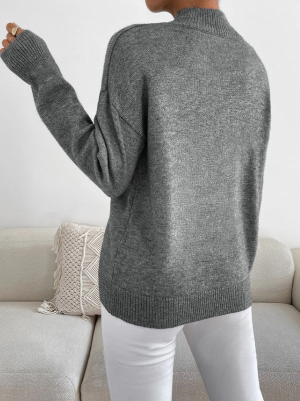 Mock Neck Ribbed Trim Pullover Sweater - Grey - 1