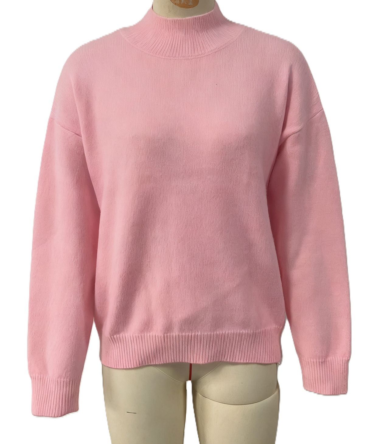 Mock Neck Ribbed Trim Pullover Sweater - Pink